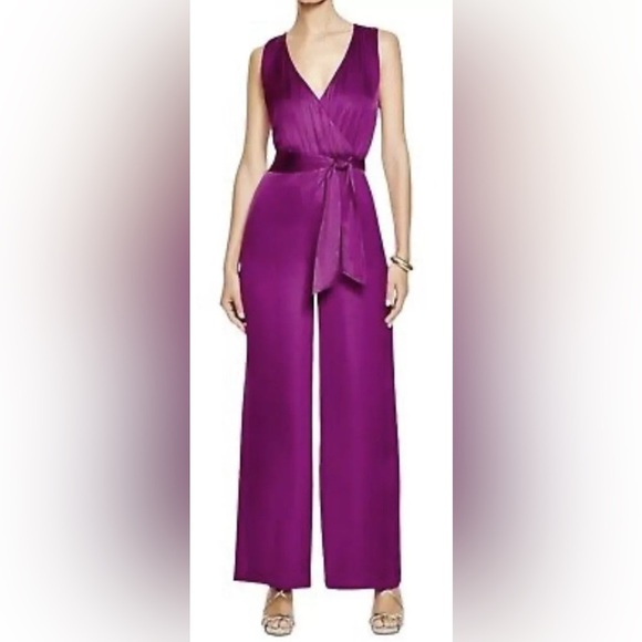Lauren Ralph Lauren Purple v-neckline faux wrap wide leg jumpsuit belted - Picture 1 of 17